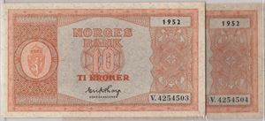 10 kroner 1952 V.4254503 i serie. 65 EPQ