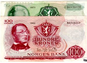 50 kroner 1971 D og 100 kroner 1964 B Kv.1