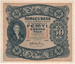 50 kroner 1939 B.6938720. Kv.1+/01