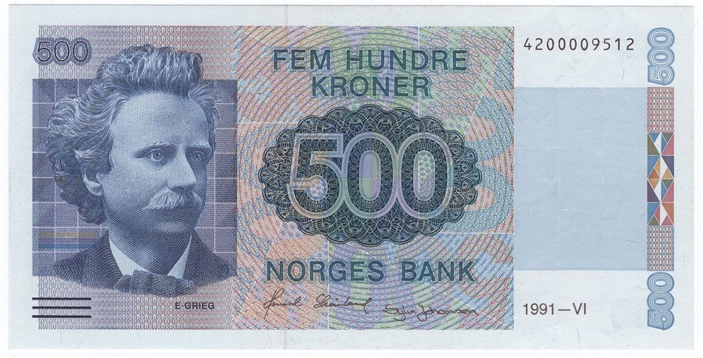 500 kroner 1991. 6 Utg. Kv.0