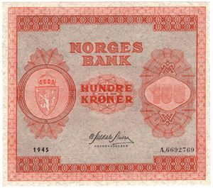 100 kroner 1945 A.6692769. Kv.01