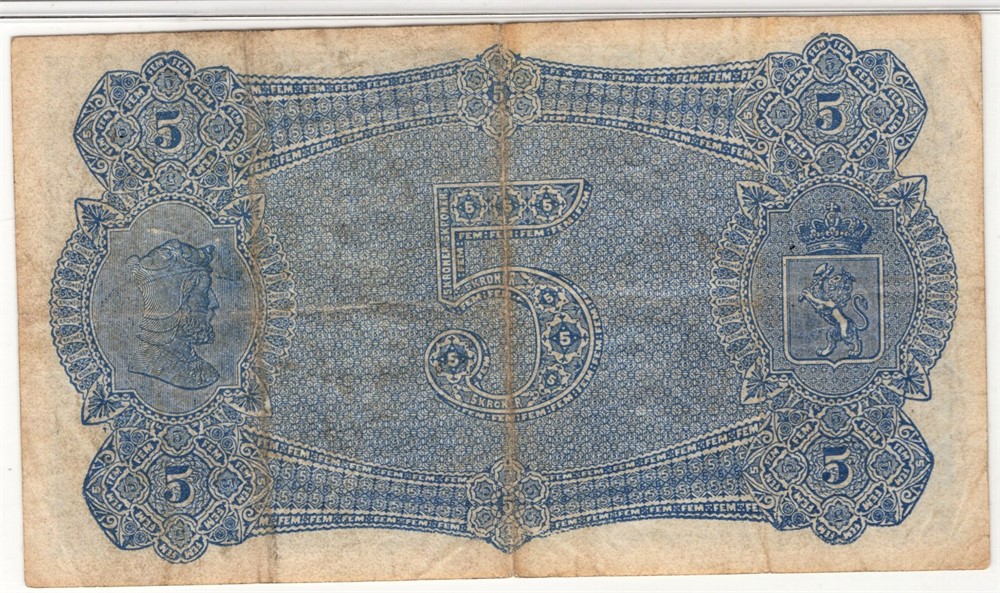 5 kroner 1899 E.0551626 Oscar II. Sign. Arnet. SS-Seddel Kv.1