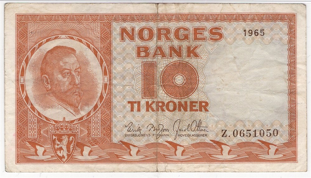 10 kroner 1965 Z.0651050 erstatningsseddel. Kv.1-