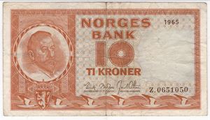 10 kroner 1965 Z.0651050 erstatningsseddel. Kv.1-