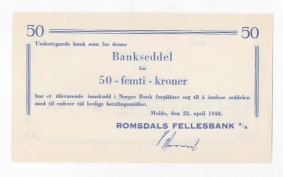 Romsdals Fellesbank 50 kroner 22.4.1940 kv. 0