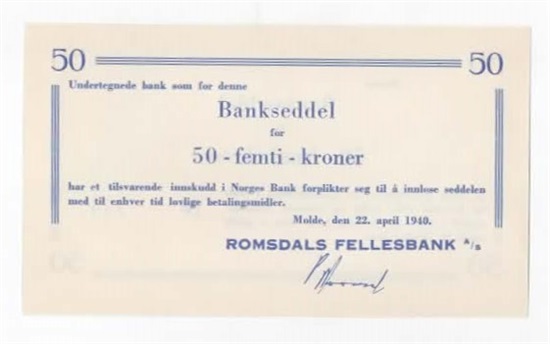 Romsdals Fellesbank 50 kroner 22.4.1940 kv. 0