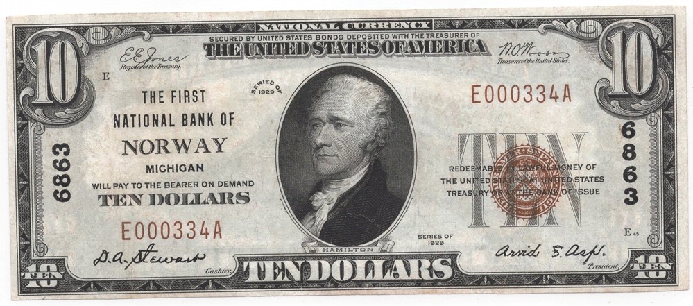 10 dollar The first national bank of Norway. Kv.01