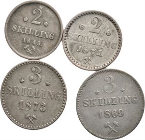 Lot. 3 skilling 1869, 1873, 2 skilling 1843 og 1871. VK