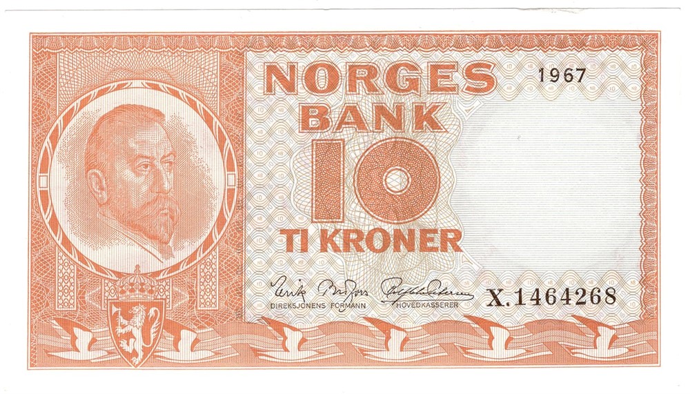 10 kroner 1967 X.1464268 erstatningsseddel. Kv.0