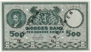 500 kroner 1948 X.0000000. Specimen. Kv.0