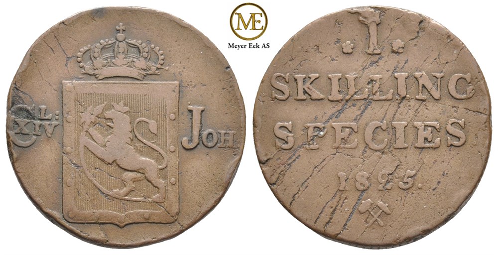 1 skilling 1825 Carl XIV Johan. Kv.1/1+