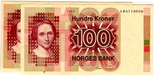 100 kroner 1982 AB og AF Kv.1+ og 1