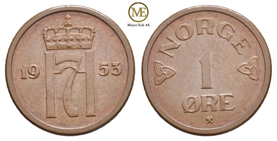 1 øre 1953 Haakon VII. Kv.0