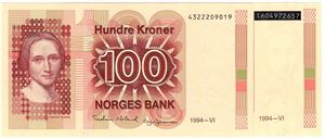 100 kroner 1994 med og uten overtrykk. Kv.0