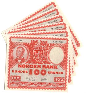 100 kroner 1961 H. 6 stk. i nummerserie. Kv.0/01