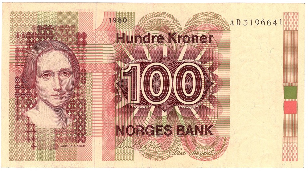 100 kroner 1980 med feiltrykk i serienr. Kv.01
