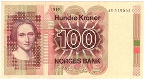 100 kroner 1980 med feiltrykk i serienr. Kv.01