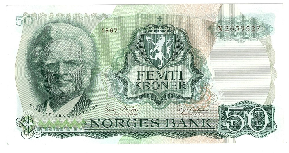 50 kroner 1967 X.2639527. Erstatningsseddel. Kv.0