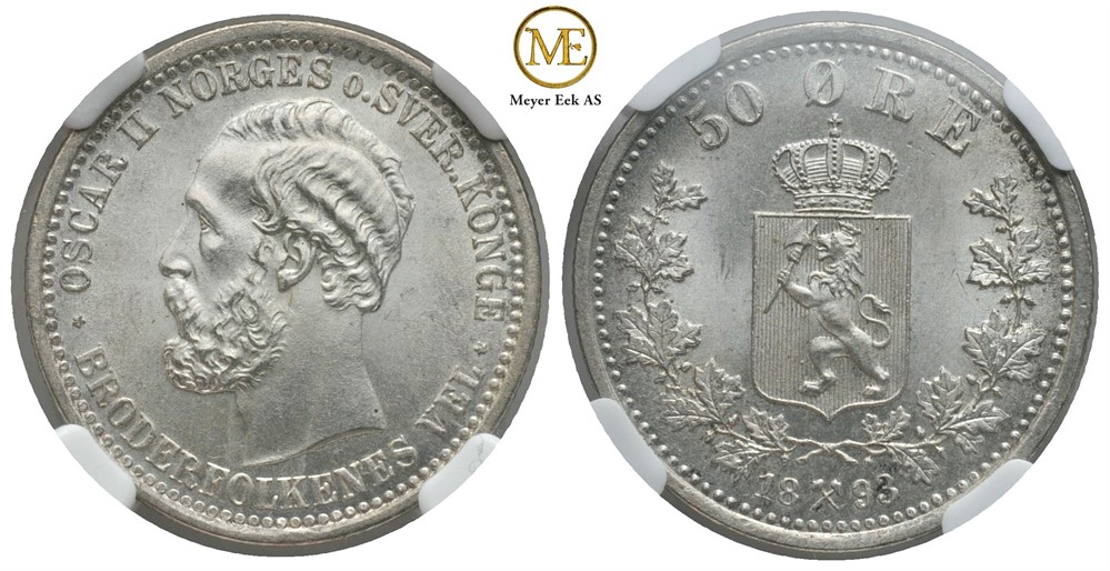 50 øre 1893 Oscar II. MS 66+. Kv.0