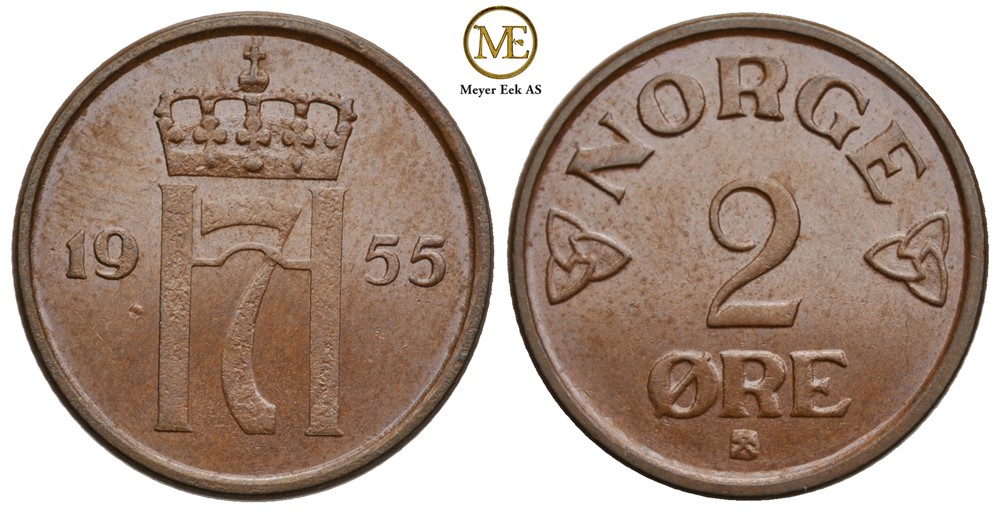 2 øre 1955 Haakon VII. Prakt eksemplar