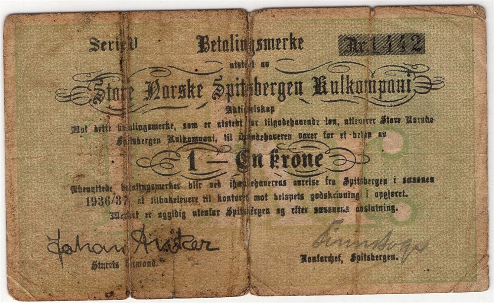 1 krone 1936/37 Serie V. Store Norske Spitsbergen. Kv.1-/2