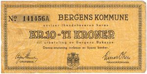 10 kroner 1940 bergen kommune. Kv.1