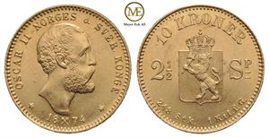10 kroner/2.5 Spc. 1874 Oscar II. Kv.0