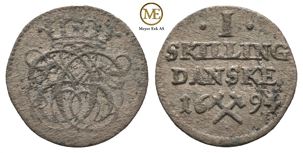 1 skilling 1694 Christian V. Kv.1/1+