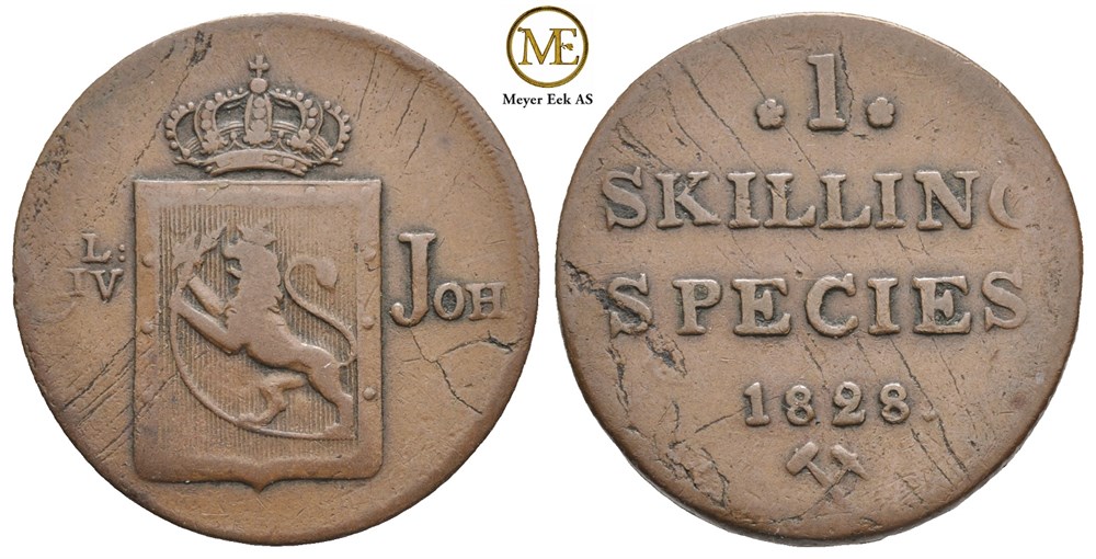 1 skilling 1828 Carl XIV Johan. Kv.1+