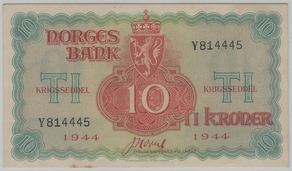 10 kroner 1944 Y.814445 London utg. Kv.0/01