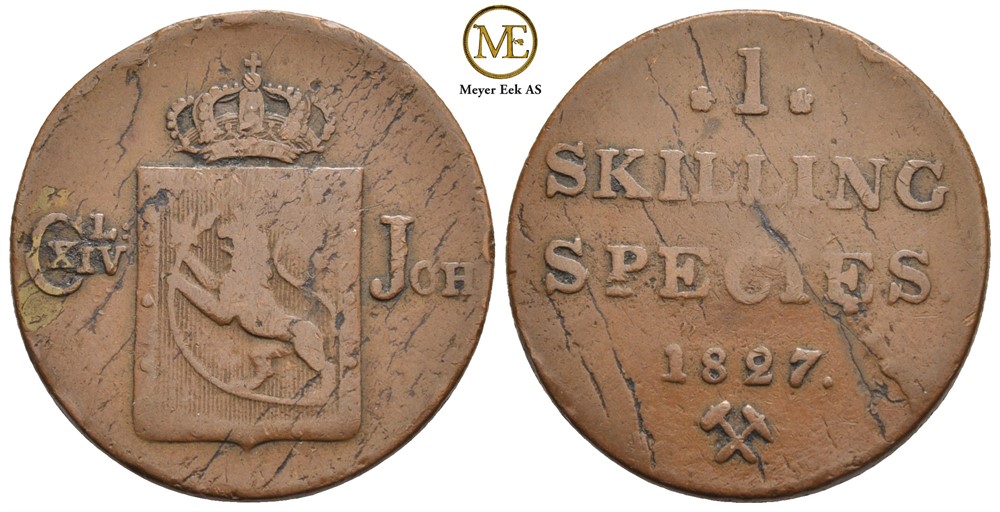 Skilling 1827 Carl XIV Johan. NM.62. Kv.1/1-