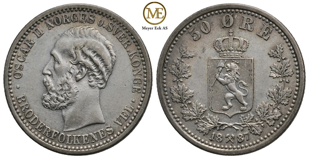 50 øre 1887 Oscar II. Kv.1+/01