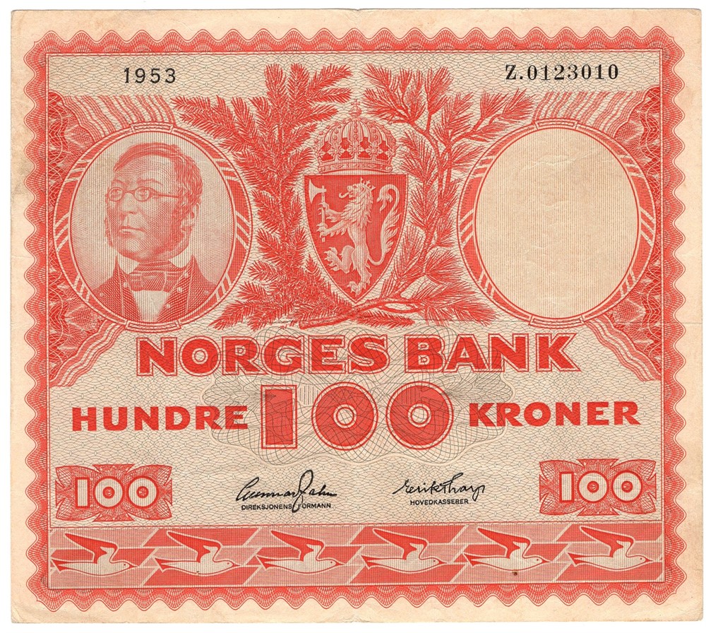 100 kroner 1953 Z.0123010. Erstatningsseddel. RR-seddel. Kv.1/1+