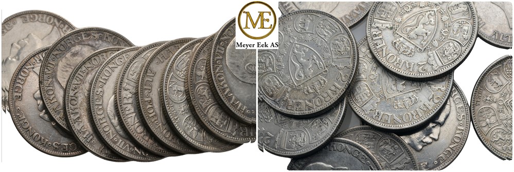 Lot. 2 kroner Haakon VII. 3x 1910, 1912, 2x 1913, 1916 og 3x 1917.