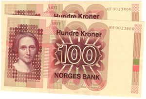 100 kroner 1977 HE og HF med samme serienr. Kv.0/01