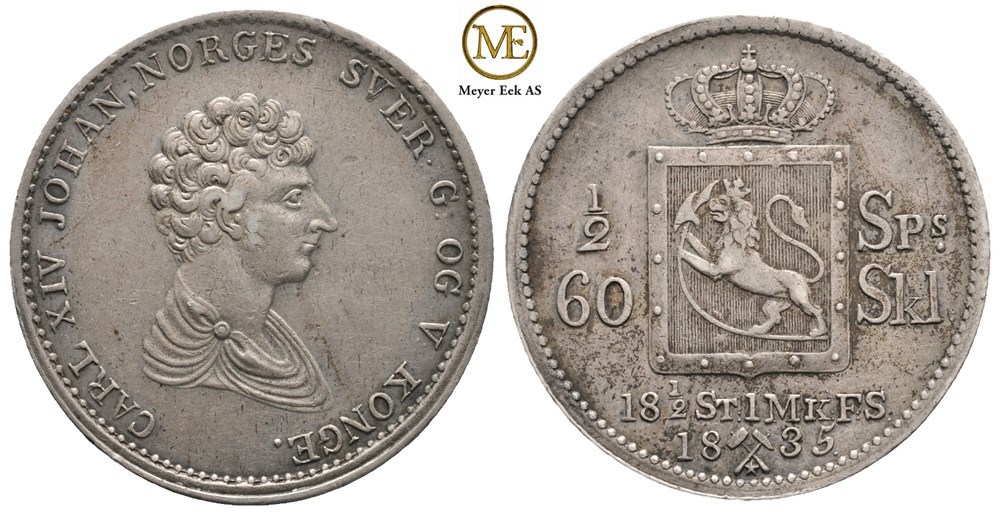 1/2 speciedaler 1835 m/stjerne. Carl XIV Johan. Kv.1+/01