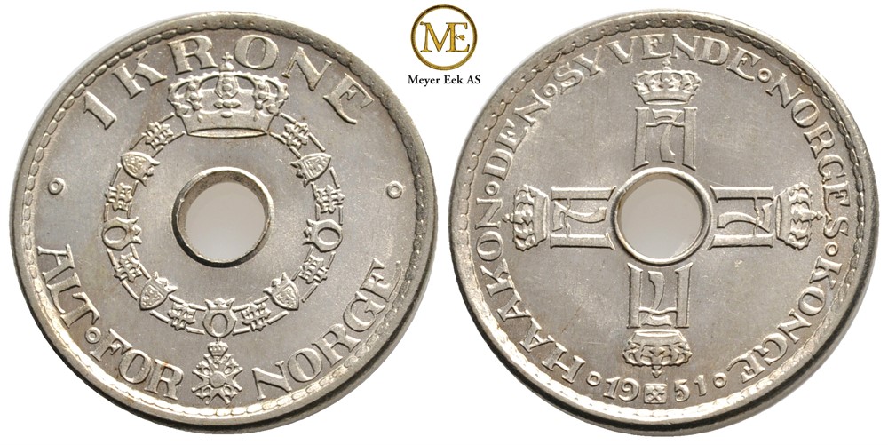 1 krone 1951 Haakon VII. Kv.0/prakt