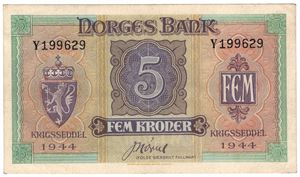 5 kroner 1944 Y. London utgaven. Kv.1+/01