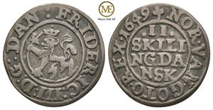 2 skilling 1649 Frederik III. Sjelden. Kv.1+