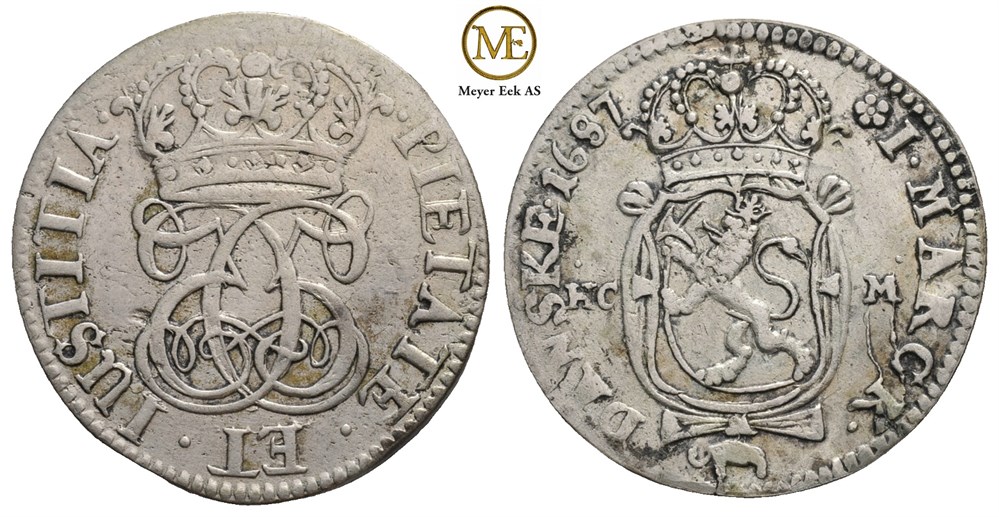 1 mark 1687 Christian V. Kv.1/1+