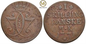 1 skilling 1771 Christian VII. Stavefeil i Skilliing. Kv.1+