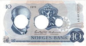 10 kroner 1975 AG. Makulert hos Norges bank