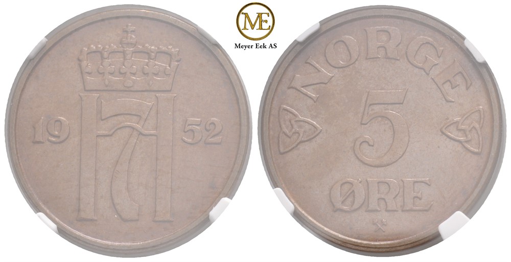 5 øre 1952 Haakon VII. Gradert til MS65BN hos NGC. Kv.0