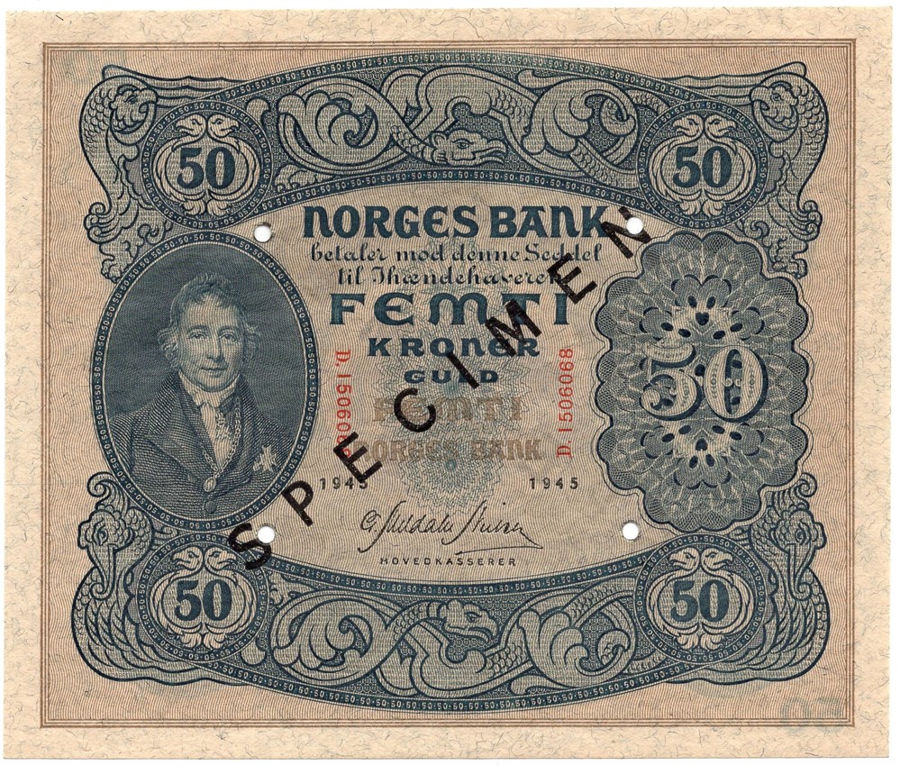 50 kroner 1945 D.1506068 Specimen. Kv.0