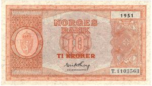 10 kroner 1951 T.1103563. Kv.0/01