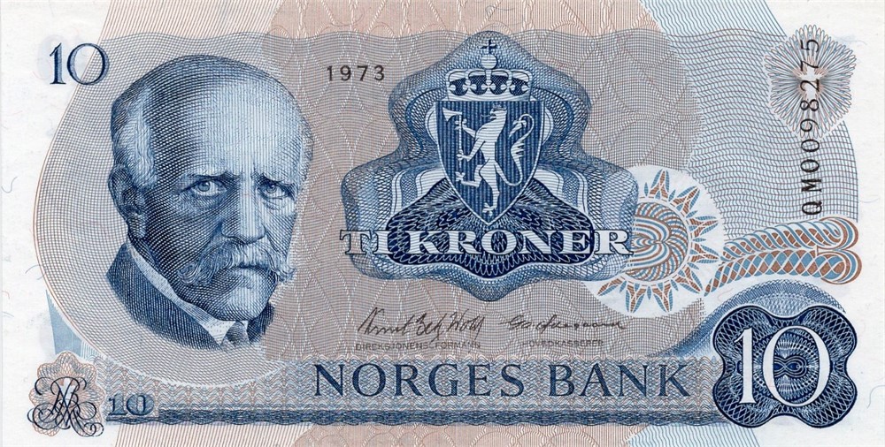 10 kroner 1973 QM erstatningsseddel. Kv.0