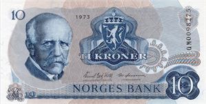 10 kroner 1973 QM erstatningsseddel. Kv.0