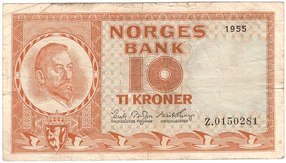 10 kroner 1955 Z.0150261 erstatningsseddel. Kv.1/1-