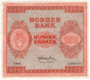 100 kroner 1945 A.6692791. Kv.01