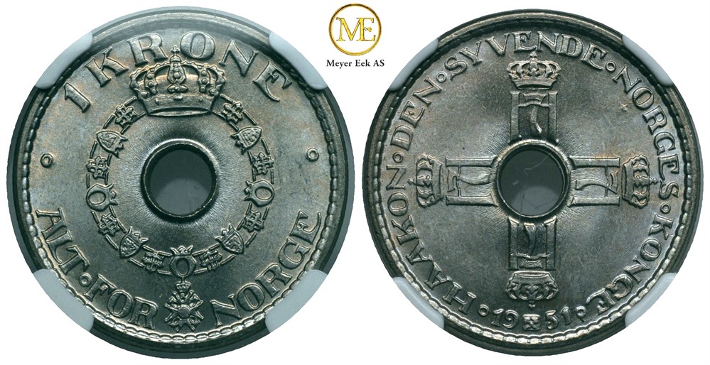 1 krone 1951 Haakon VII. MS 66. Kv.0